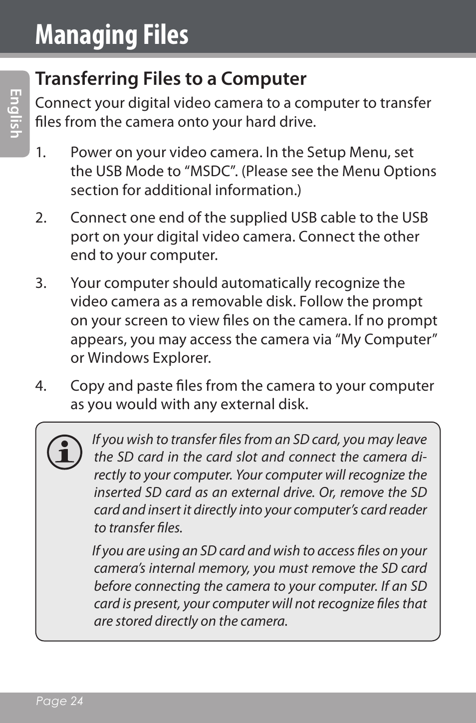 Managing files, Transferring files to a computer | Mpman PC20 User Manual | Page 24 / 32