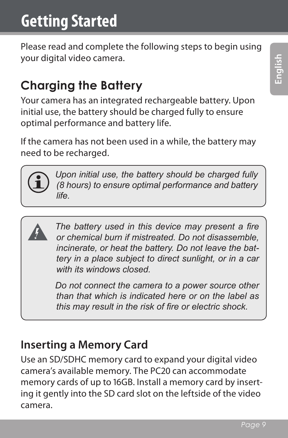 Getting started, Charging the battery | Mpman PC20 User Manual | Page 9 / 32