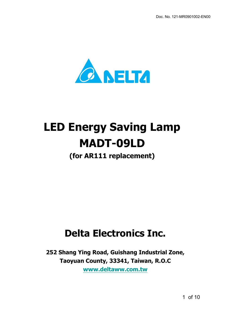 Delta Electronics LED Energy Saving Lamp MADT-09LD User Manual | 10 pages