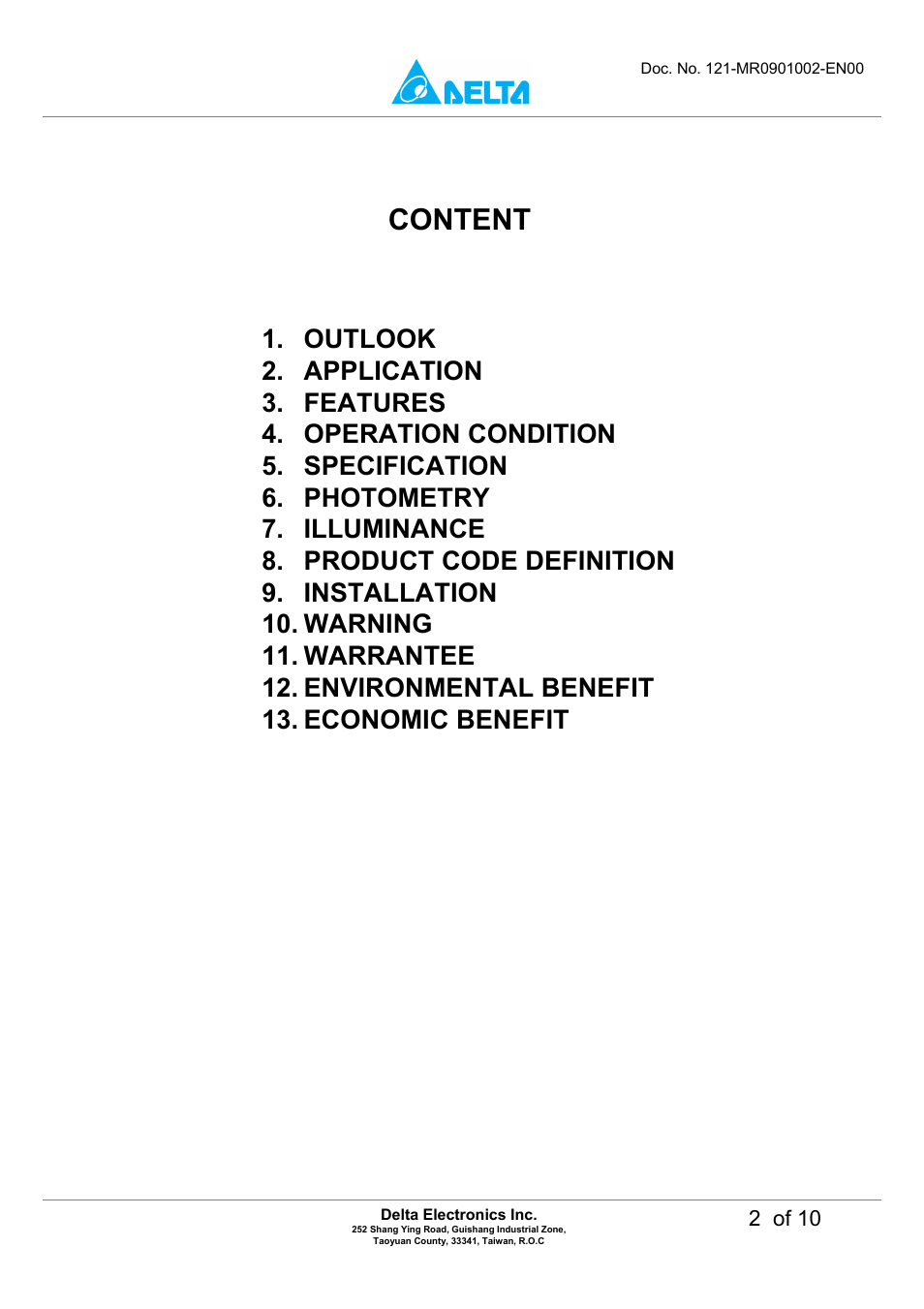 Content, 2 of 10 | Delta Electronics LED Energy Saving Lamp MADT-09LD User Manual | Page 2 / 10