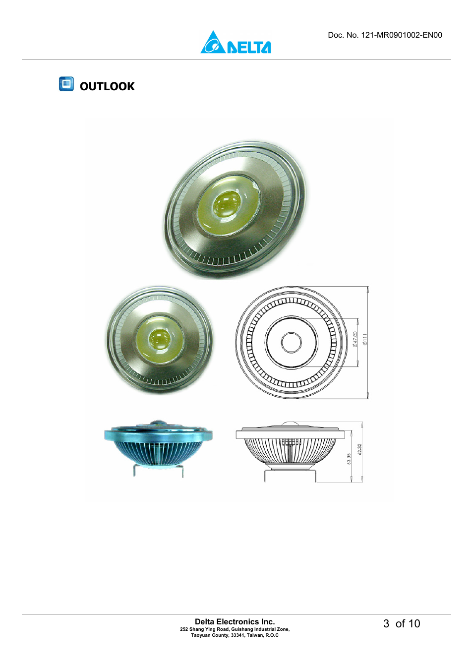 3 of 10, Outlook | Delta Electronics LED Energy Saving Lamp MADT-09LD User Manual | Page 3 / 10
