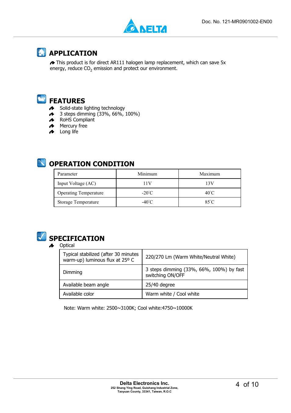 4 of 10, Application specification, Operation condition | Features | Delta Electronics LED Energy Saving Lamp MADT-09LD User Manual | Page 4 / 10