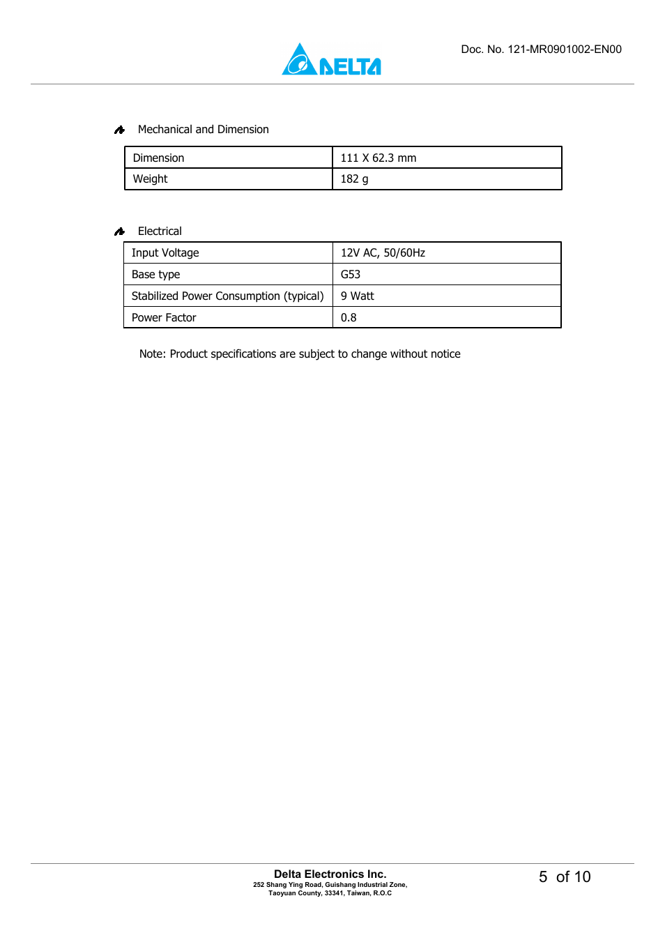 5 of 10 | Delta Electronics LED Energy Saving Lamp MADT-09LD User Manual | Page 5 / 10