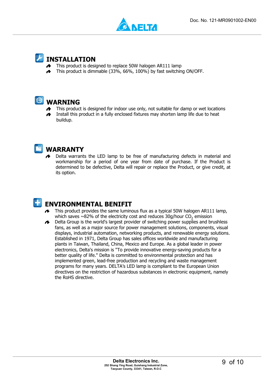 9 of 10, Installation, Warranty | Warning, Environmental benifit | Delta Electronics LED Energy Saving Lamp MADT-09LD User Manual | Page 9 / 10