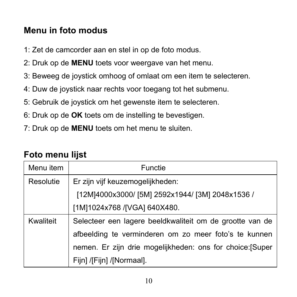 Menu in foto modus, Foto menu lijst | Mpman PC24 User Manual | Page 108 / 122