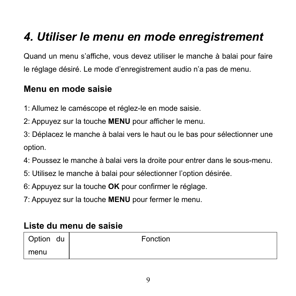 Utiliser le menu en mode enregistrement | Mpman PC24 User Manual | Page 32 / 122