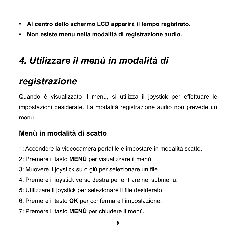 Utilizzare il menù in modalità di registrazione | Mpman PC24 User Manual | Page 82 / 122