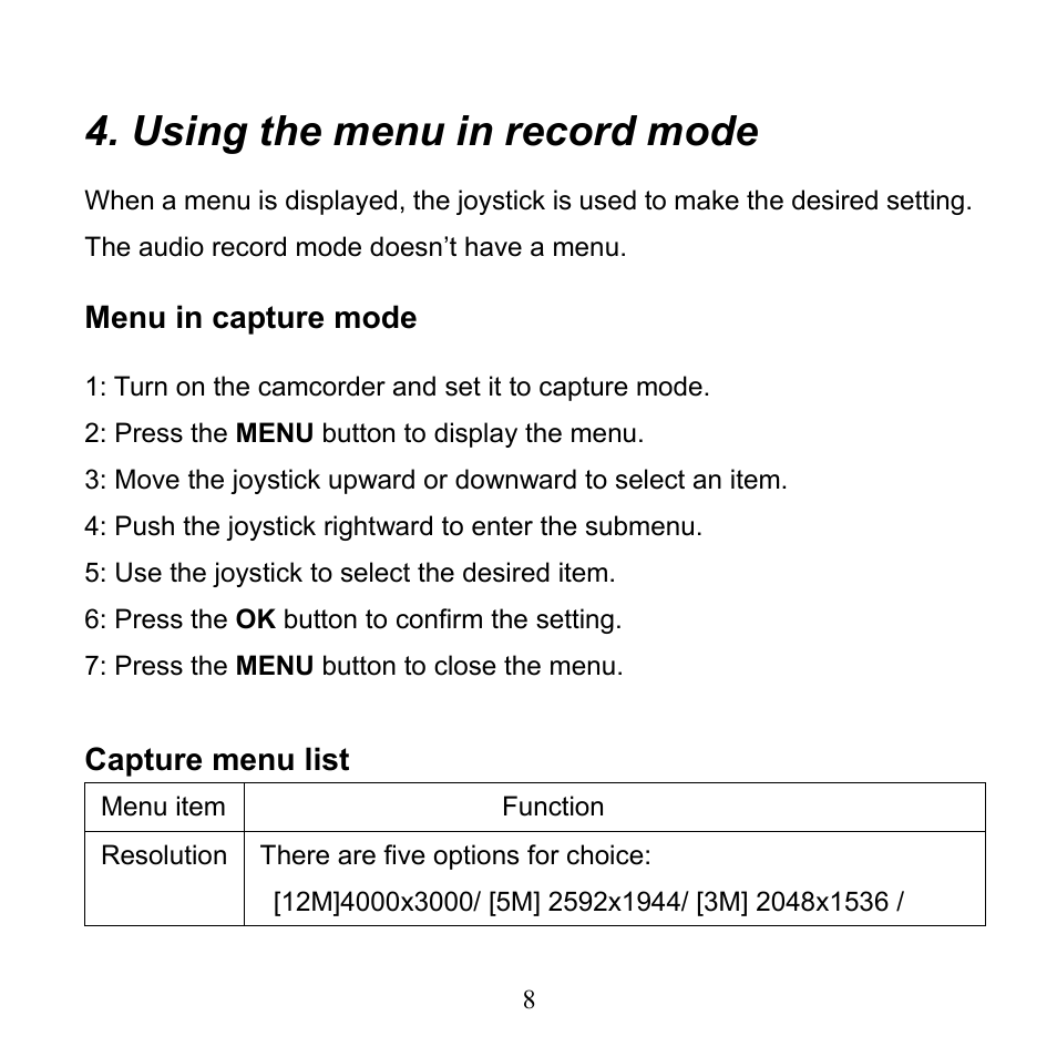 Using the menu in record mode | Mpman PC24 User Manual | Page 9 / 122