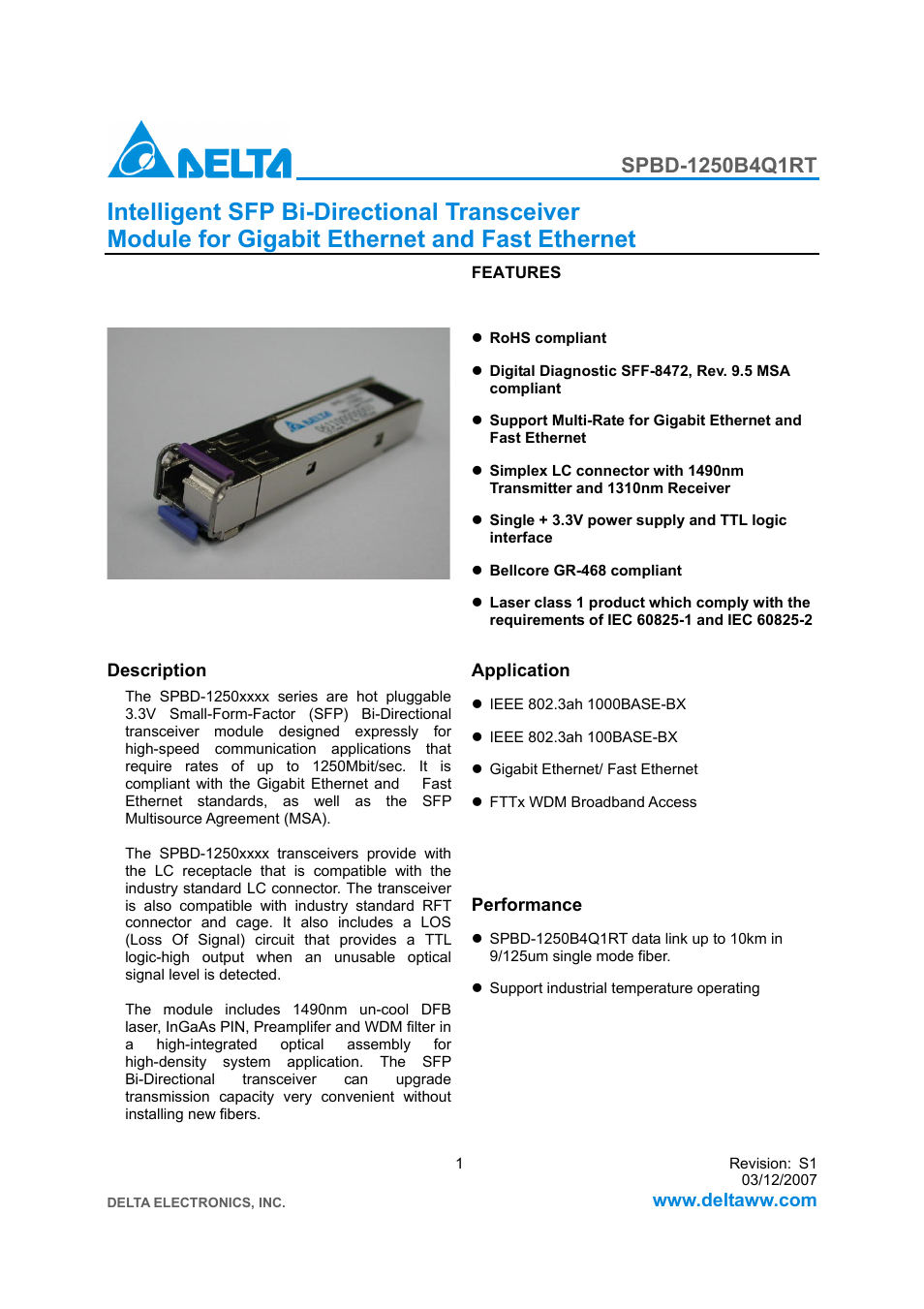 Delta Electronics SPBD-1250B4Q1RT User Manual | 10 pages
