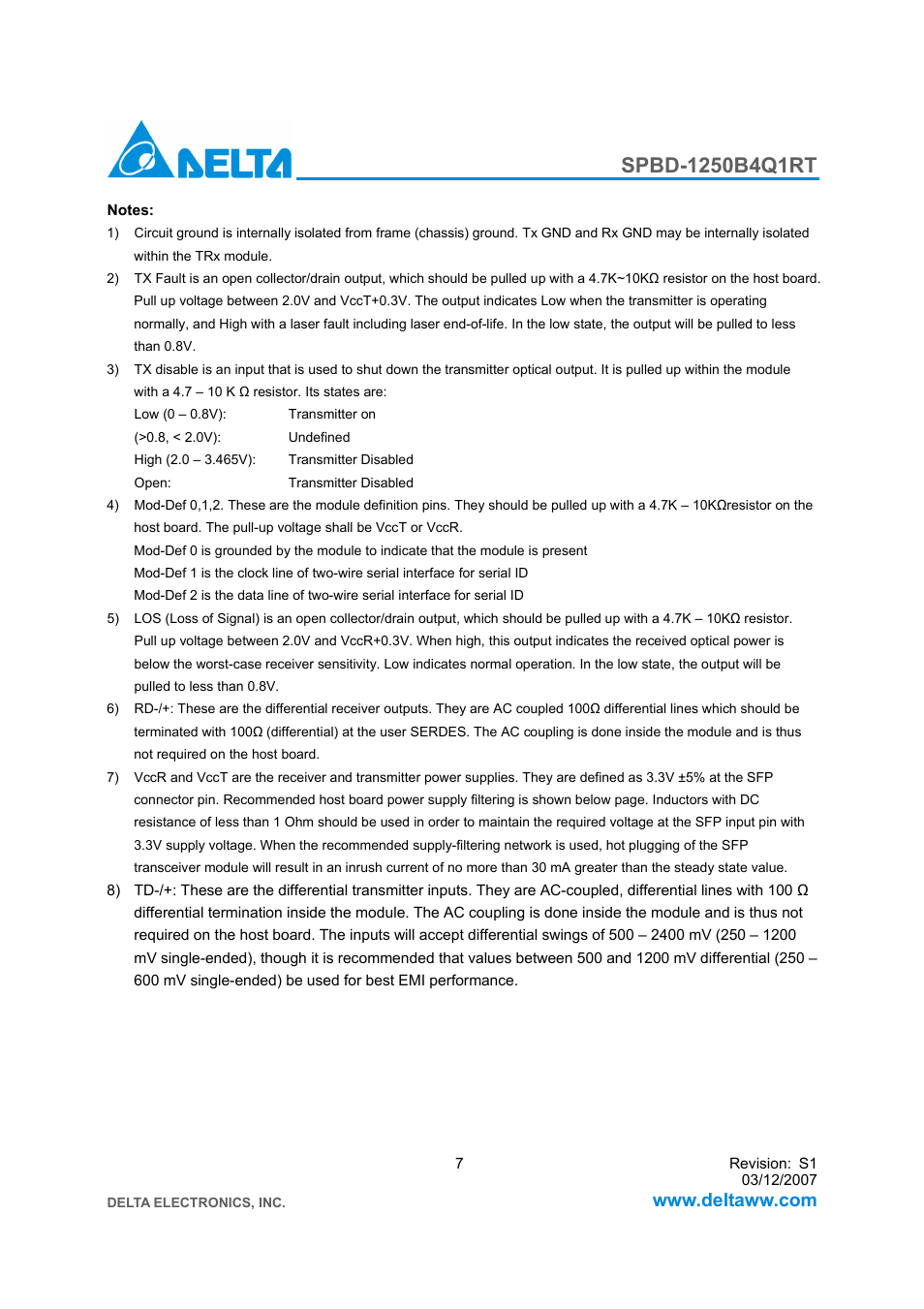 Delta Electronics SPBD-1250B4Q1RT User Manual | Page 7 / 10