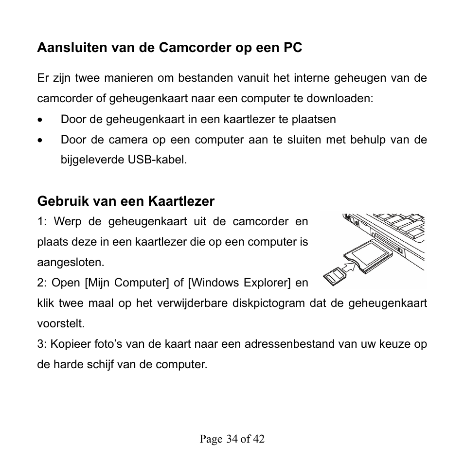 Aansluiten van de camcorder op een pc, Gebruik van een kaartlezer | Mpman PC39HD User Manual | Page 208 / 216