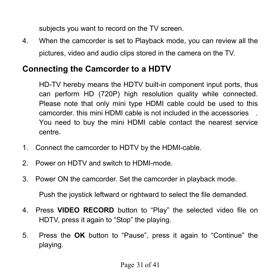 Connecting the camcorder to a hdtv | Mpman PC39HD User Manual | Page 31 / 216