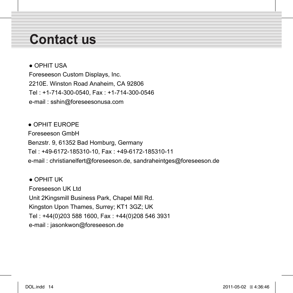Contact us | OPHIT DOL User Manual | Page 14 / 16