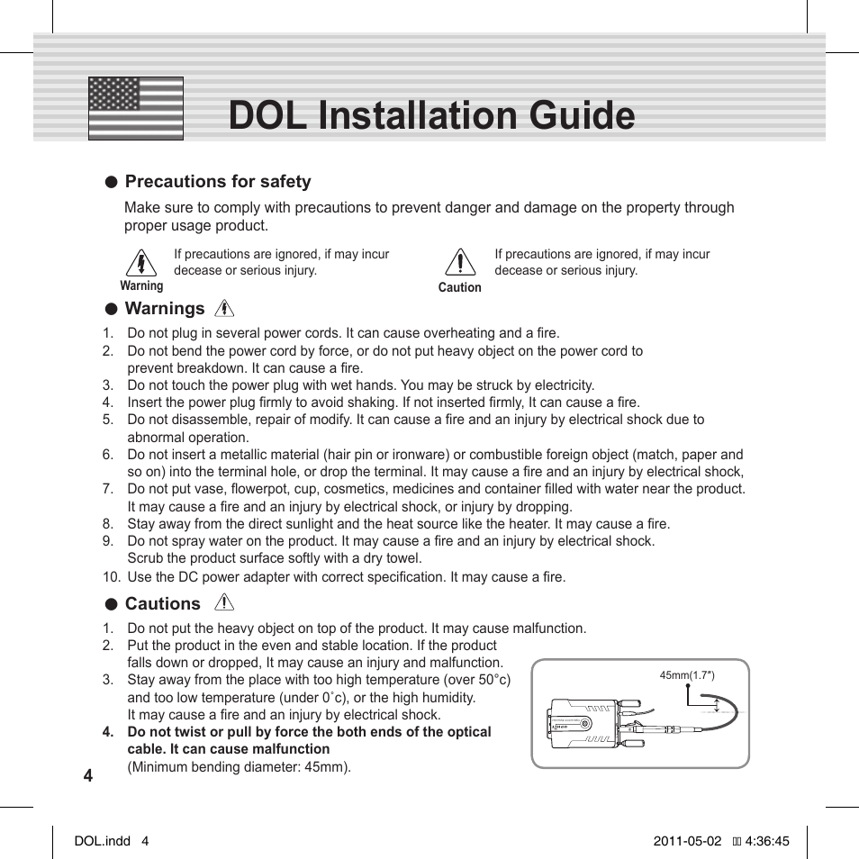 Dol installation guide, Precautions for safety, Warnings | Cautions | OPHIT DOL User Manual | Page 4 / 16