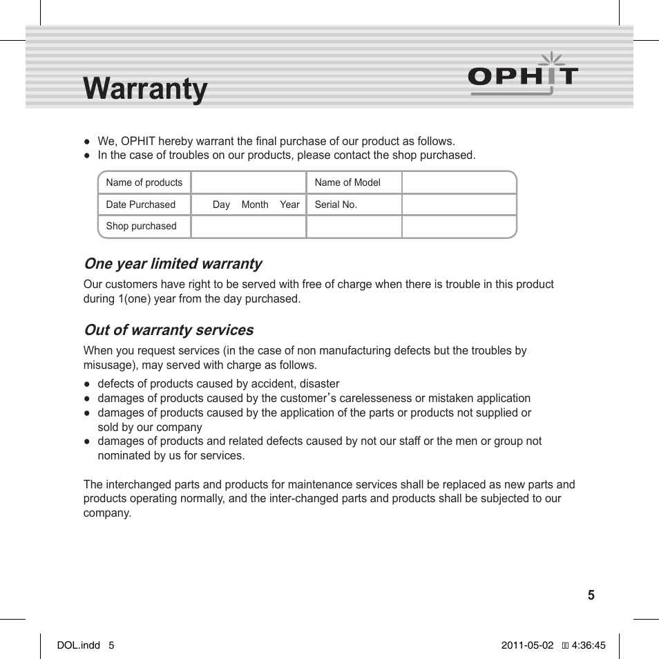 Dol installation guide warranty, One year limited warranty, Out of warranty services | OPHIT DOL User Manual | Page 5 / 16
