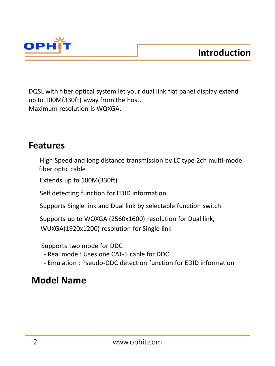 슬라이드 번호 3, Dqsl, Introduction | Features model name | OPHIT DQSL User Manual | Page 3 / 10