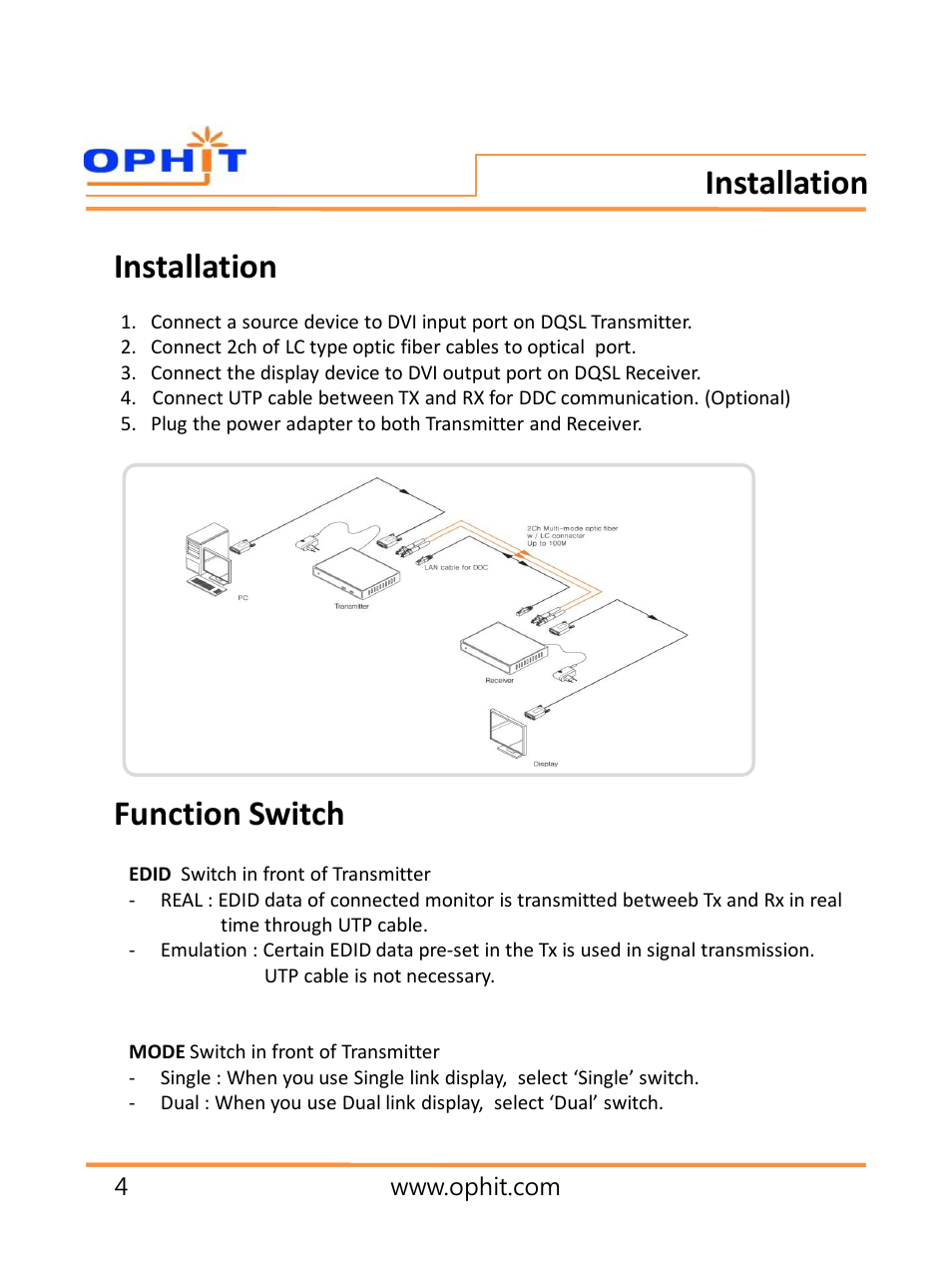 슬라이드 번호 5, Installation function switch installation | OPHIT DQSL User Manual | Page 5 / 10