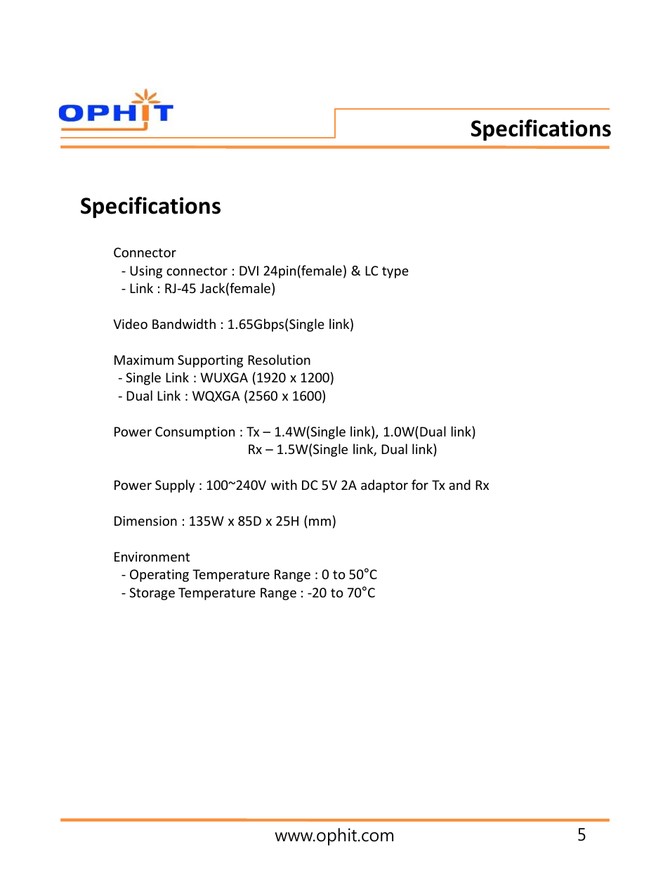 슬라이드 번호 6, Specifications | OPHIT DQSL User Manual | Page 6 / 10