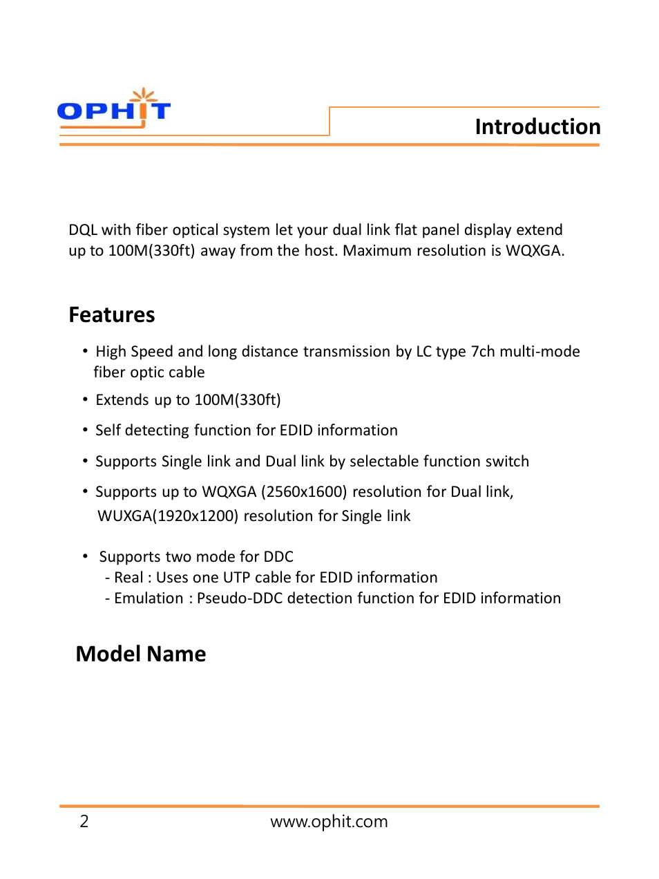 Introduction, Features model name | OPHIT DQL User Manual | Page 3 / 13