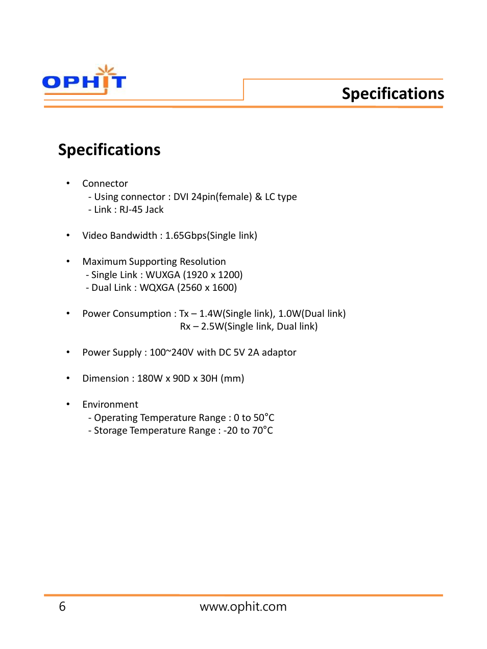 Specifications | OPHIT DQL User Manual | Page 7 / 13