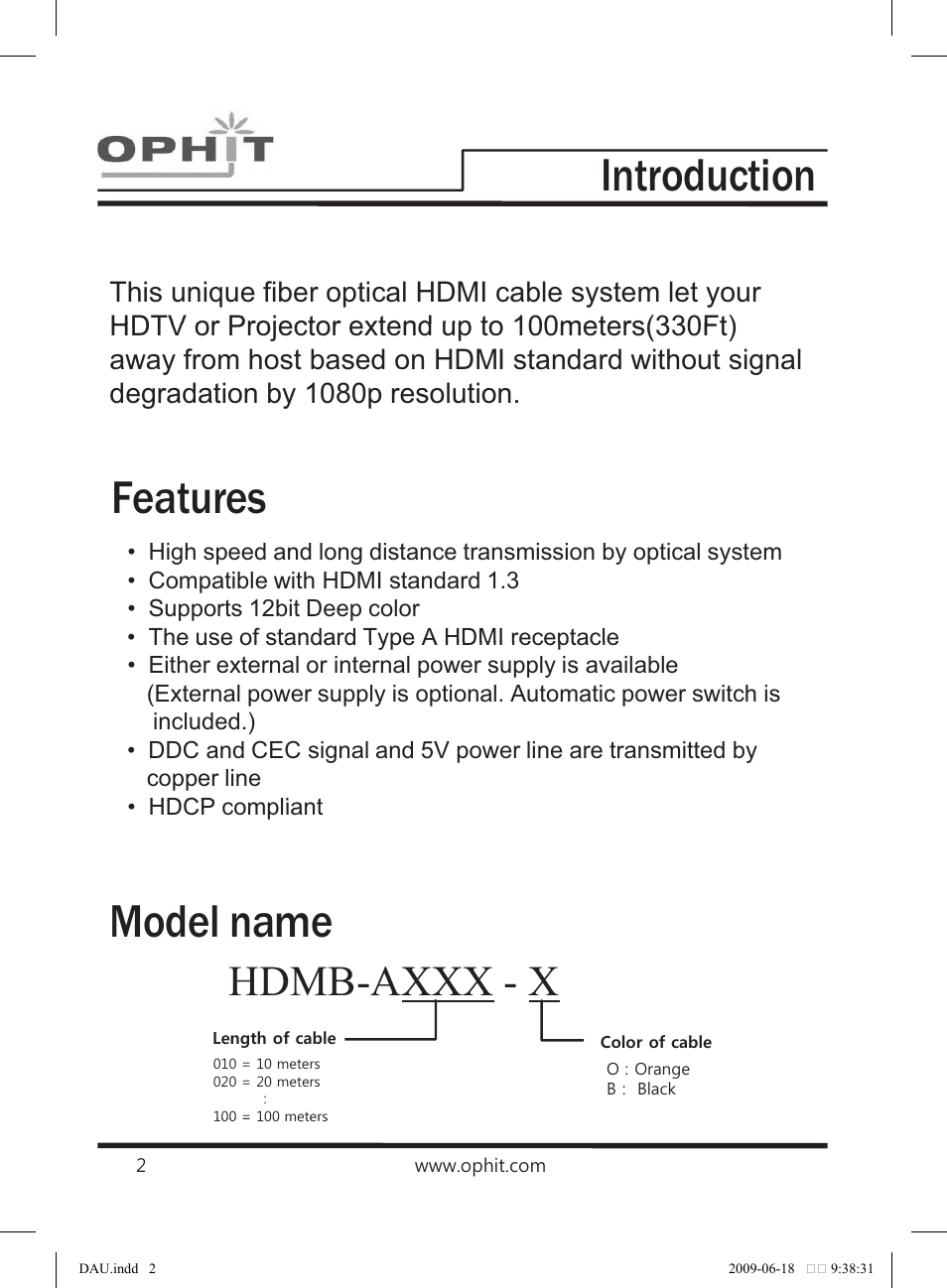 Package contents, Panel descriptions, Features | Model name, Introduction, Hdmb-axxx - x | OPHIT HDMB User Manual | Page 3 / 11