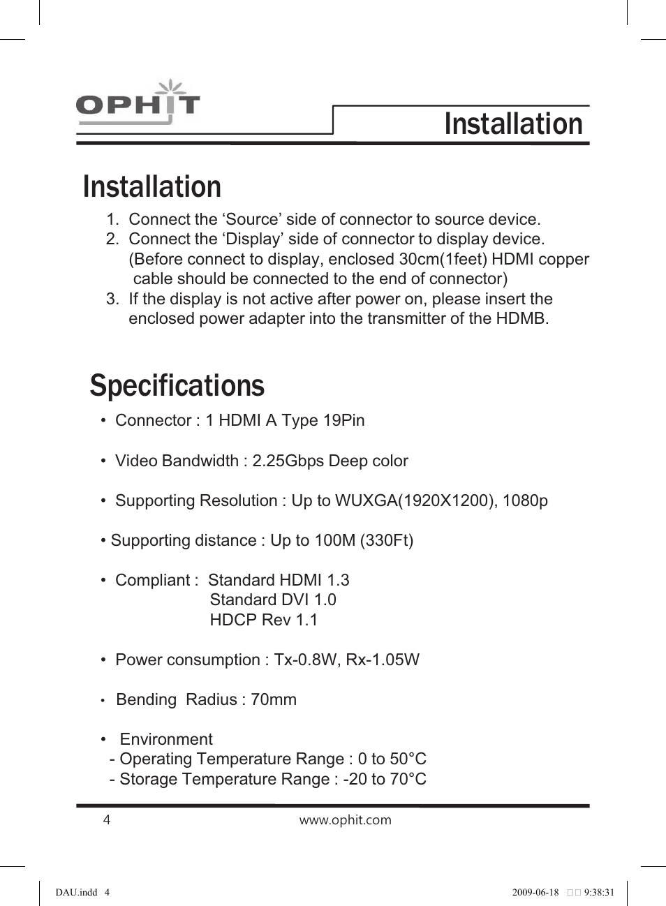 Precaution, Installation, Specifications | OPHIT HDMB User Manual | Page 5 / 11