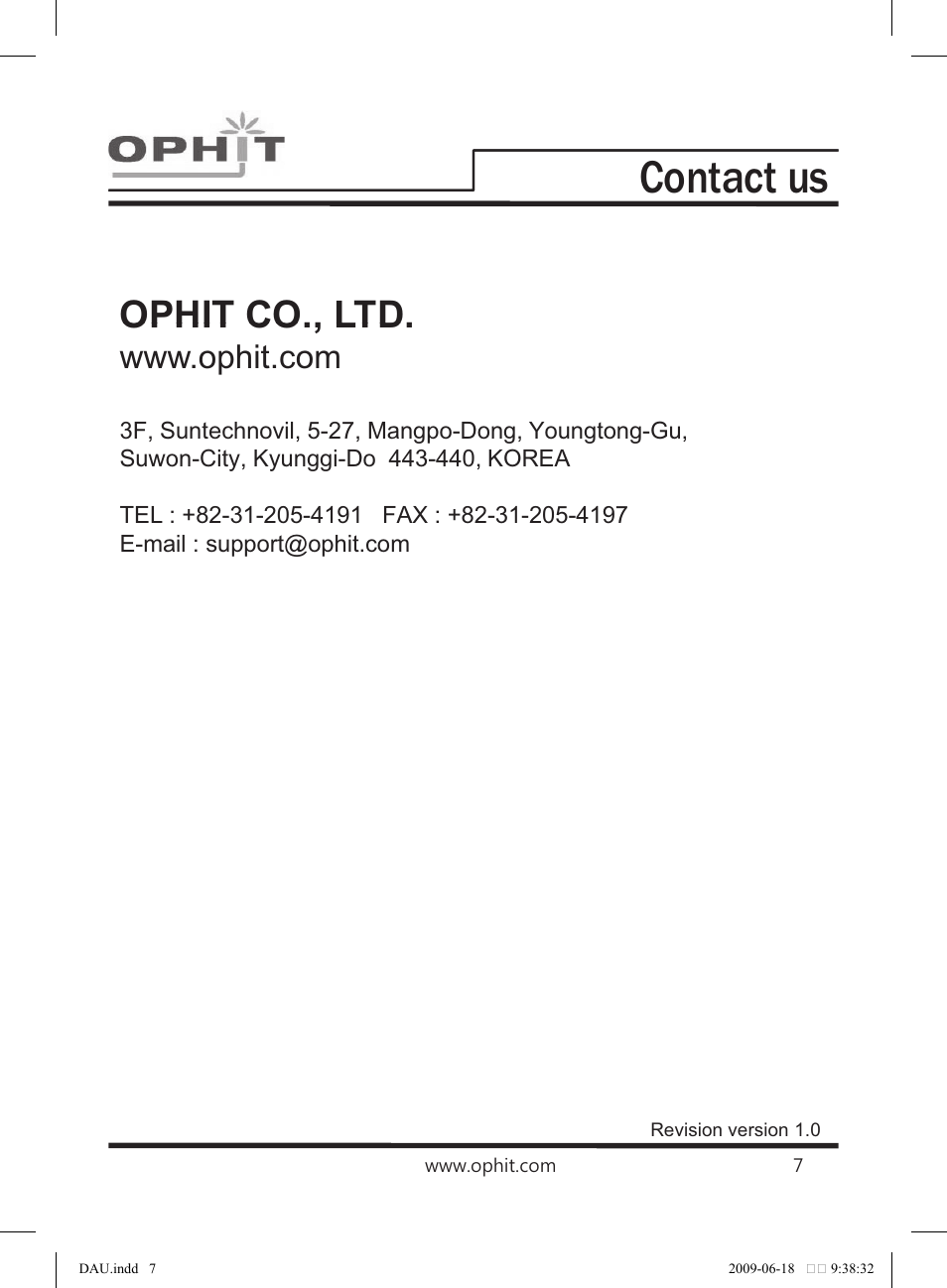 Contact us, Warranty, Ophit co ltd ophit co., ltd | One(1) year limited warranty | OPHIT HDMB User Manual | Page 8 / 11
