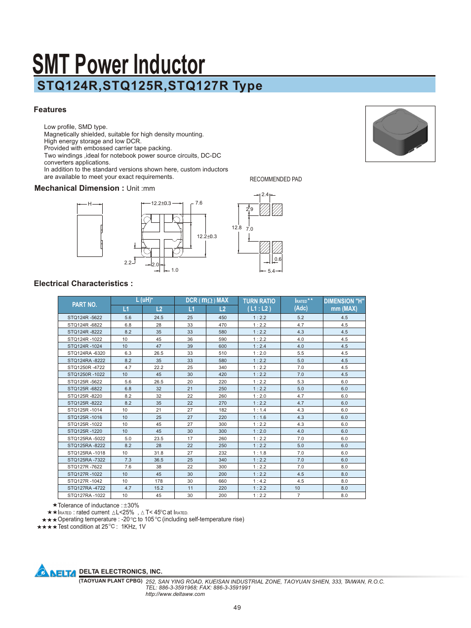 Delta Electronics SMT Power Inductor STQ127 User Manual | 1 page