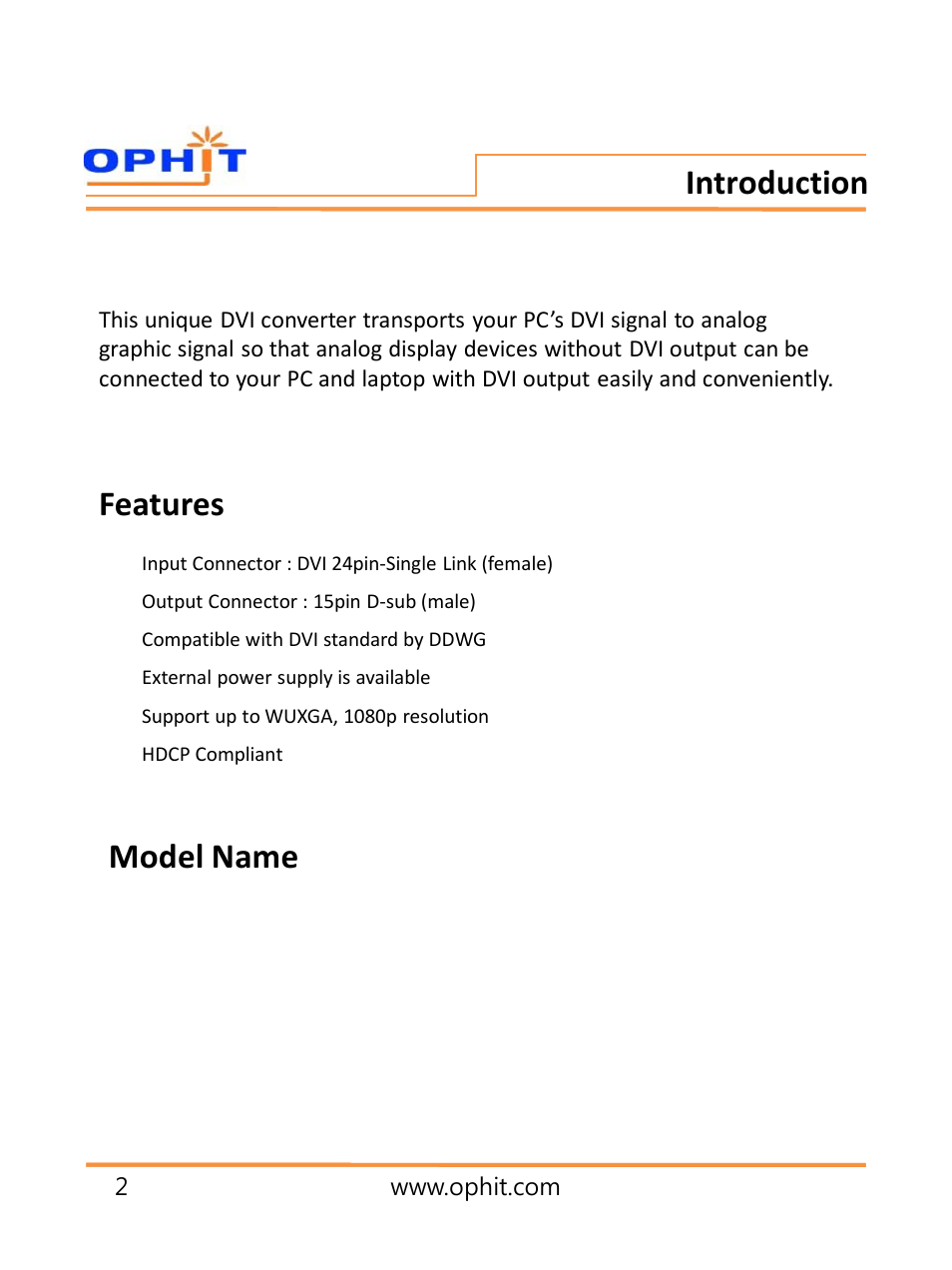 슬라이드 번호 4, Introduction, Features model name | OPHIT DDA User Manual | Page 3 / 11