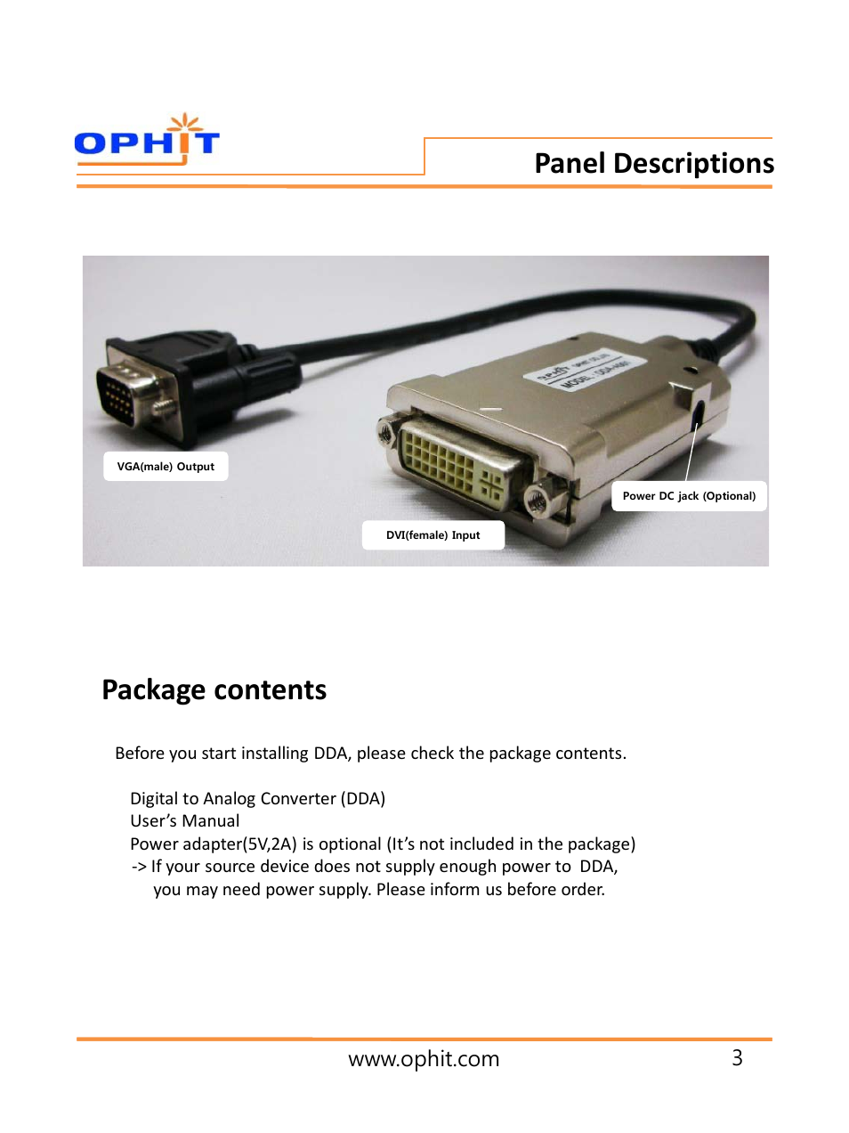 슬라이드 번호 5, Panel descriptions, Package contents | OPHIT DDA User Manual | Page 4 / 11