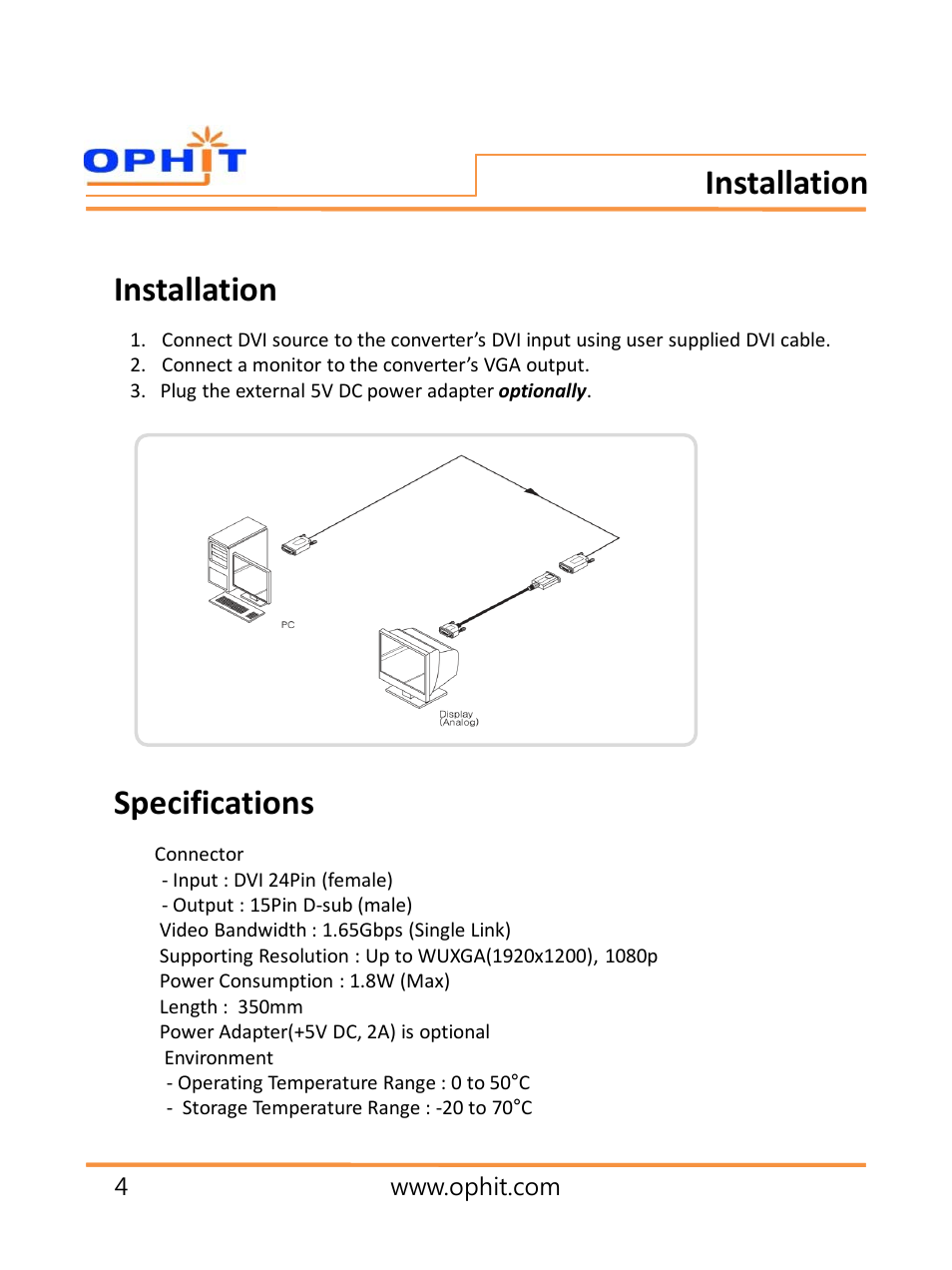 슬라이드 번호 6, Installation specifications installation | OPHIT DDA User Manual | Page 5 / 11