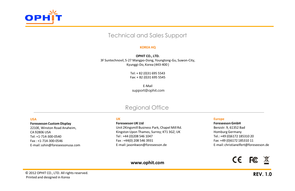 Technical and sales support, Regional office, Rev. 1.0 | OPHIT SHC User Manual | Page 6 / 6