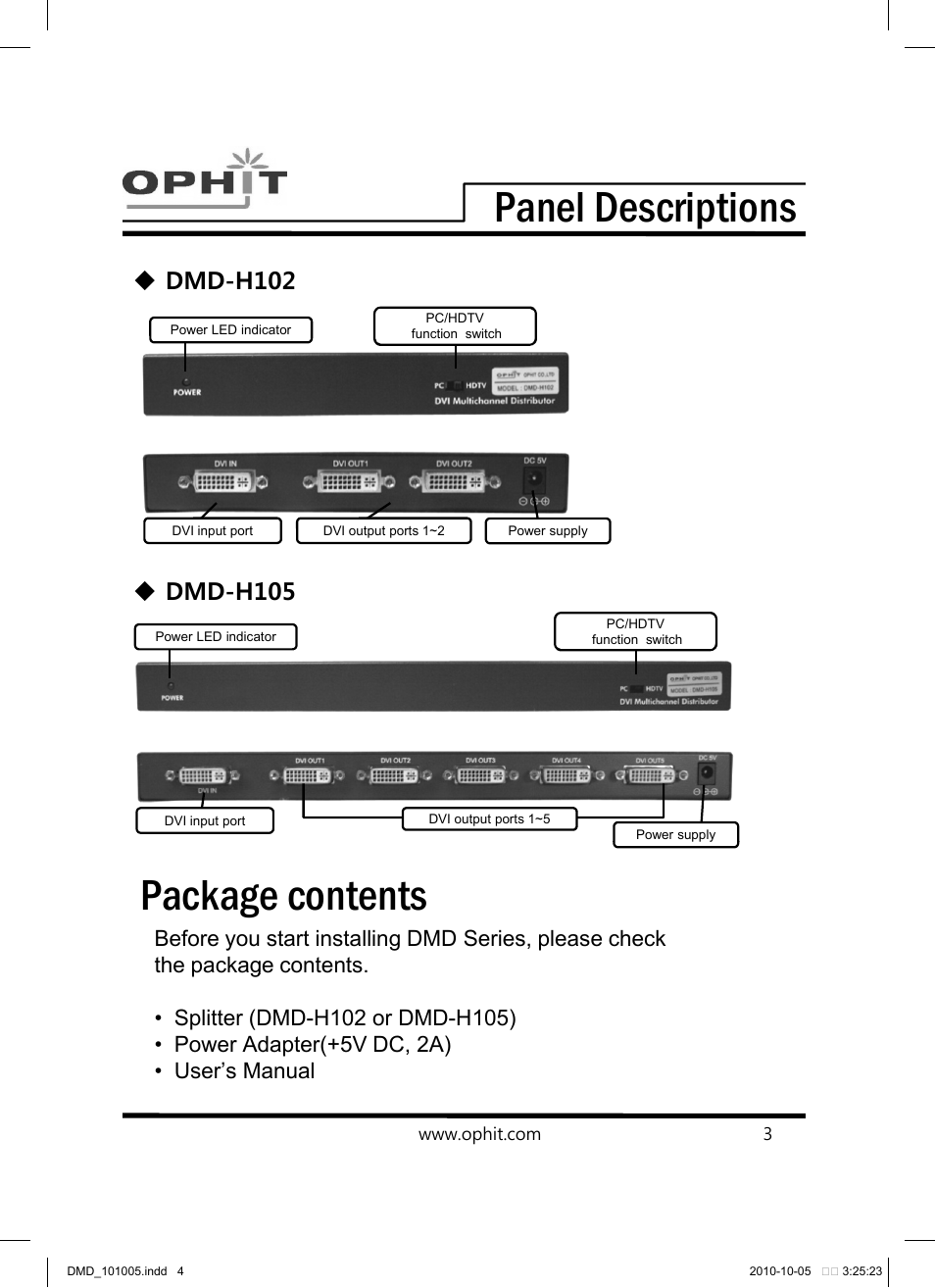 Introduction, Panel descriptions, Features | Model name package contents, Pc monitor, hdtv(lcd, pdp) and projector | OPHIT DMD-H102 User Manual | Page 4 / 12