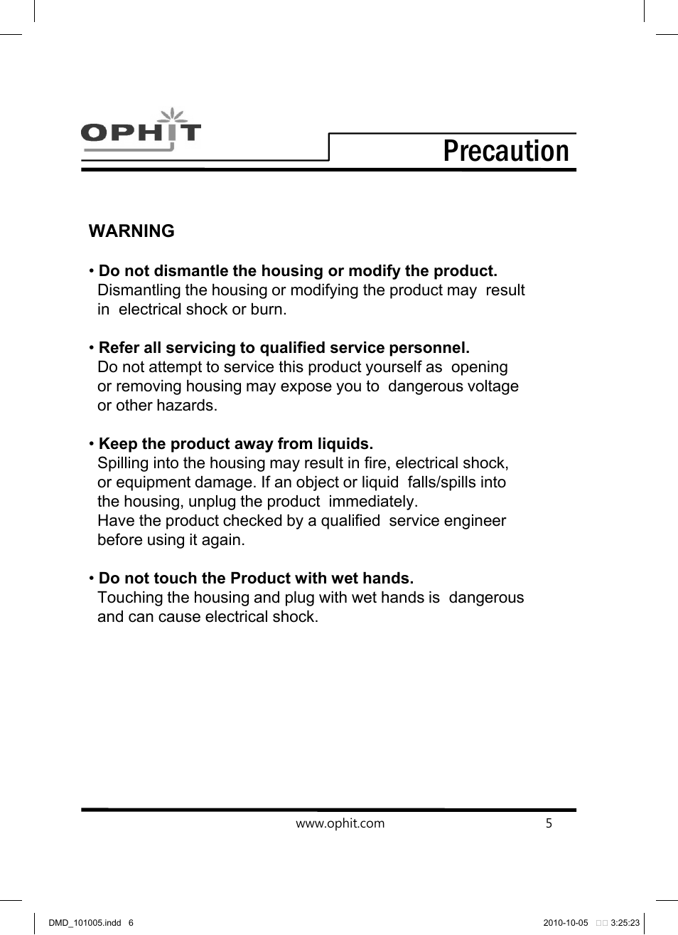 Precaution, Installation, Specifications | OPHIT DMD-H102 User Manual | Page 6 / 12