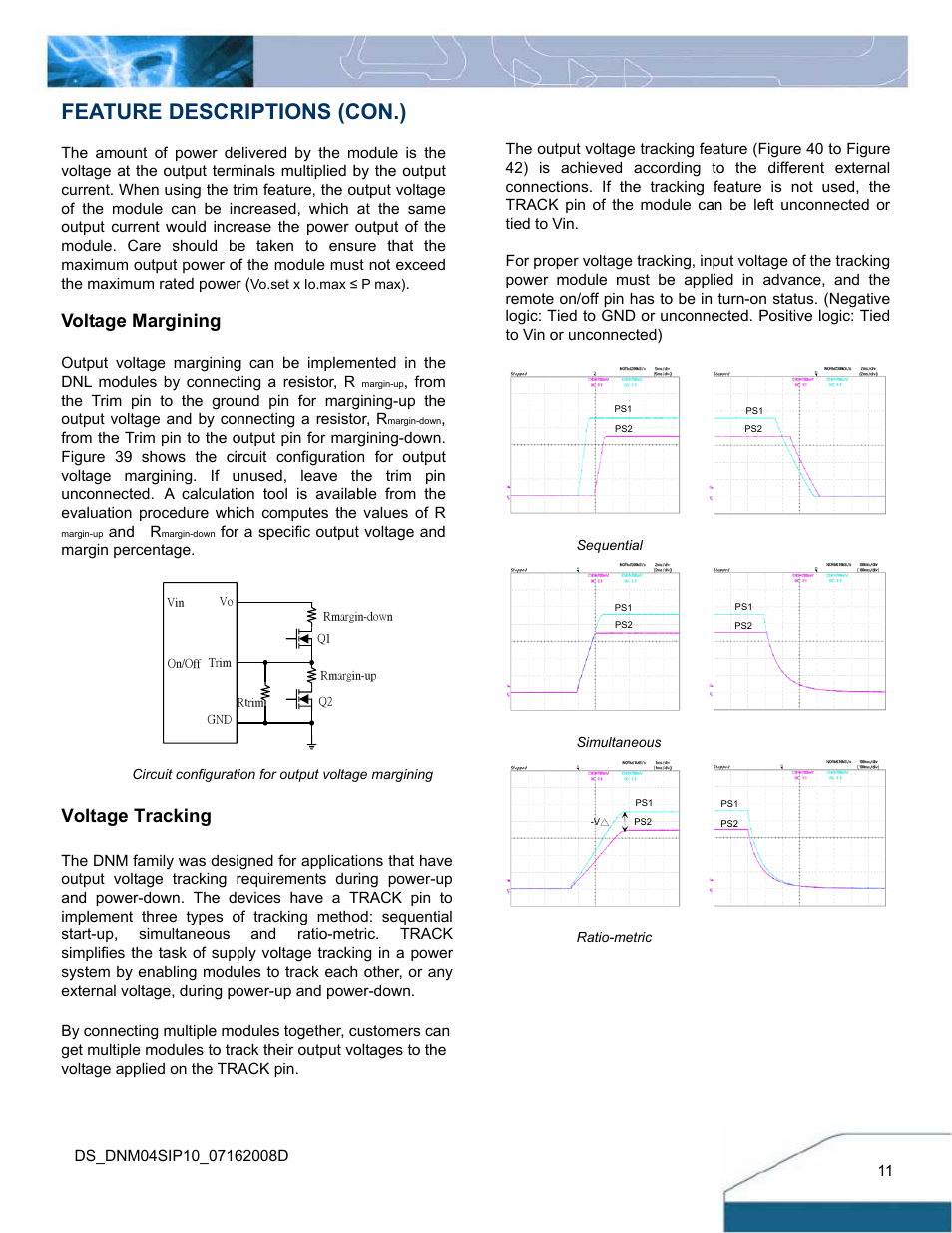 Feature descriptions (con.), Voltage margining, Voltage tracking | Delta Electronics Series DNM04 User Manual | Page 11 / 16