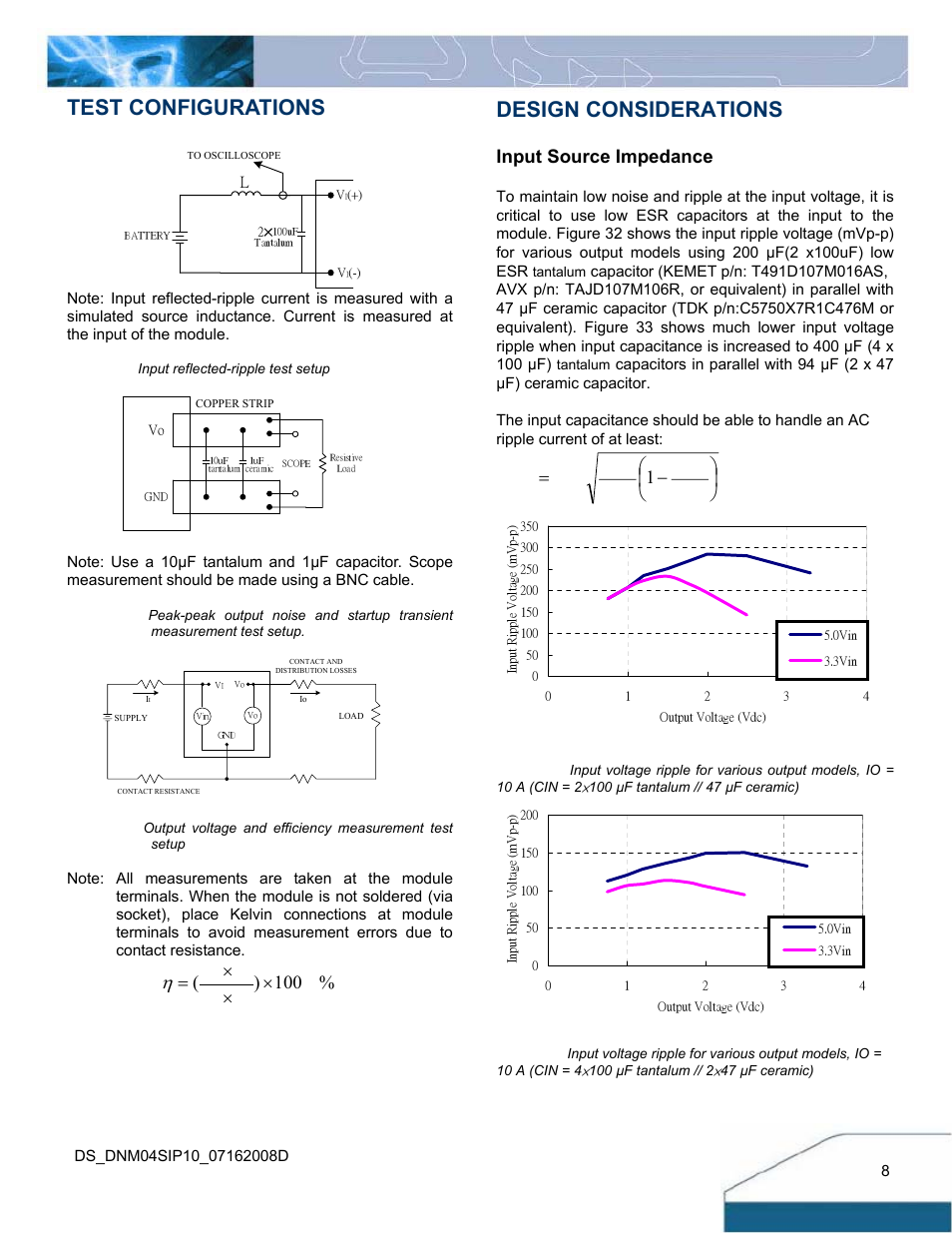 Test configurations, Design considerations, 100 ) ( ч ч ч = ii vi io vo | Input source impedance, Arms vin vout vin vout iout irms ⎟ ⎠ ⎞ ⎜ ⎝ ⎛ − = 1 | Delta Electronics Series DNM04 User Manual | Page 8 / 16