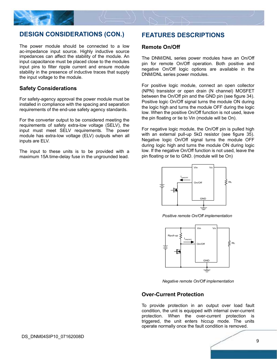 Design considerations (con.), Features descriptions, Safety considerations | Remote on/off, Over-current protection | Delta Electronics Series DNM04 User Manual | Page 9 / 16