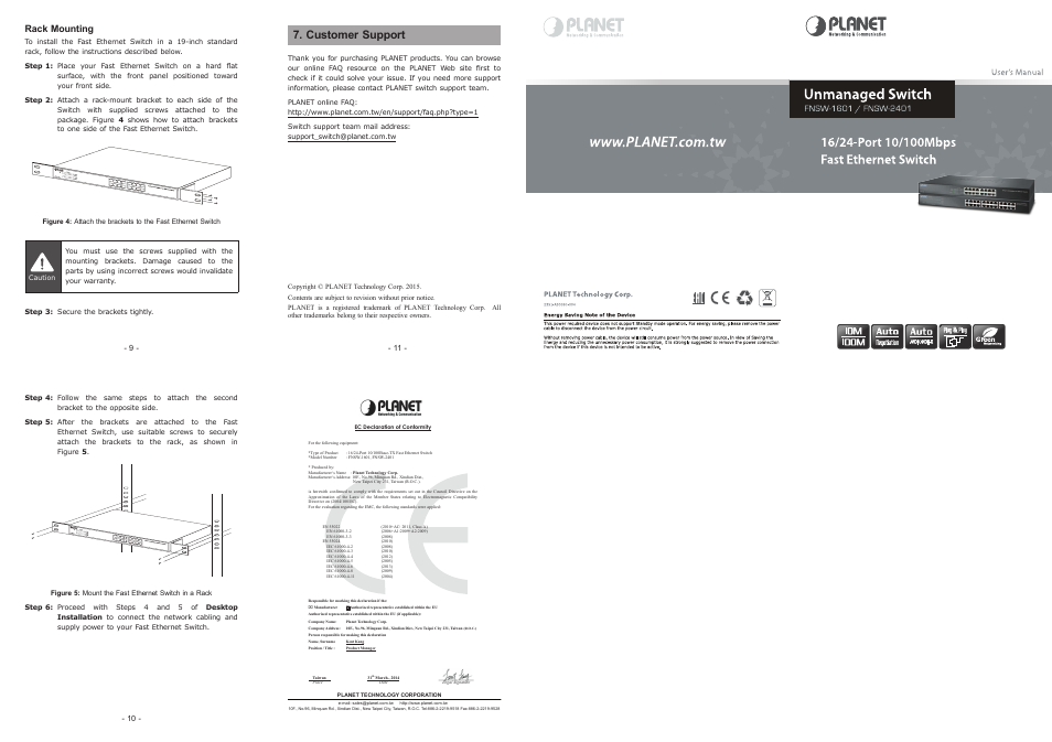 Customer support, Rack mounting | PLANET FNSW-2401 User Manual | Page 2 / 2