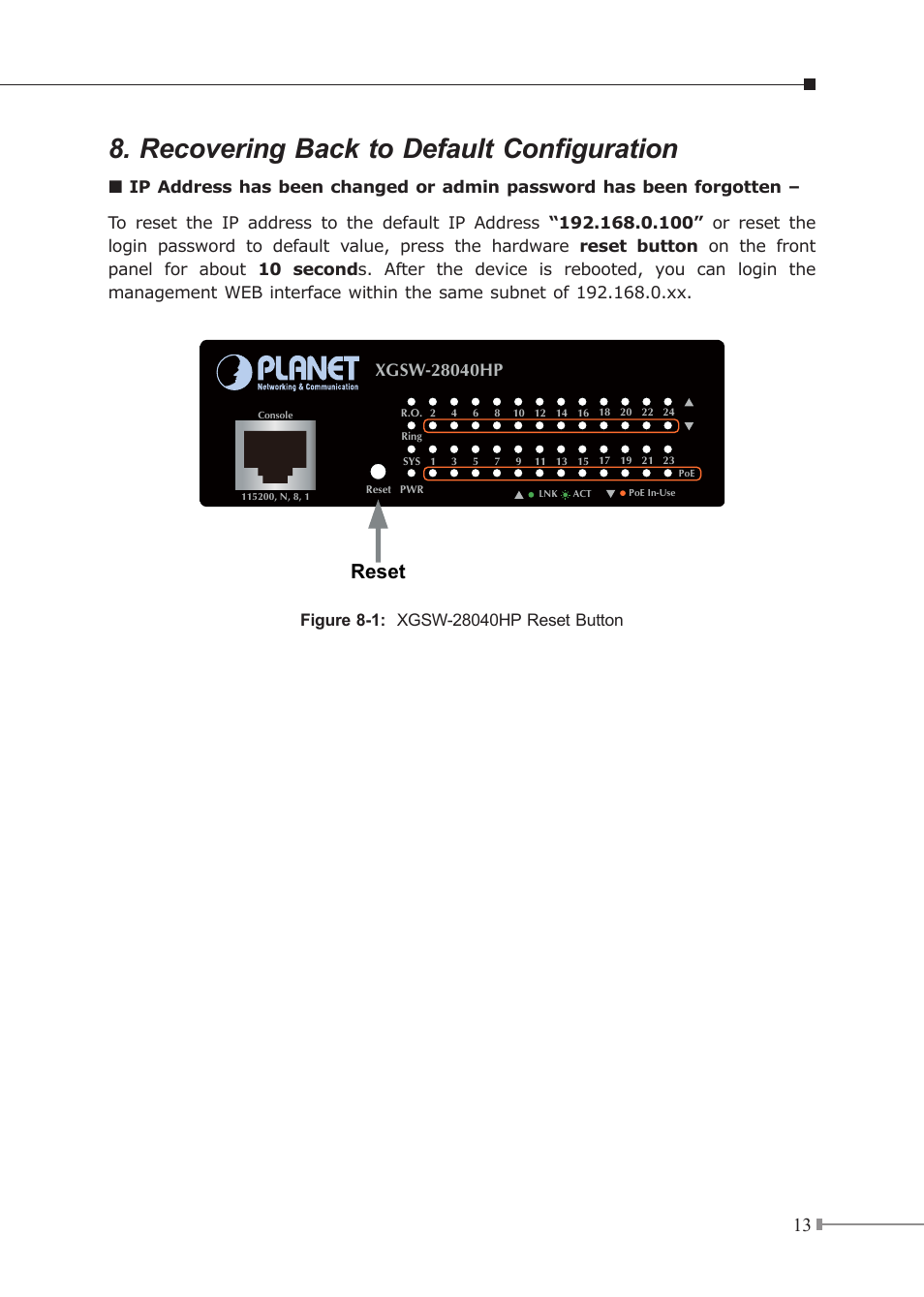 Recovering back to default configuration, Reset | PLANET XGSW-28040HP User Manual | Page 13 / 16