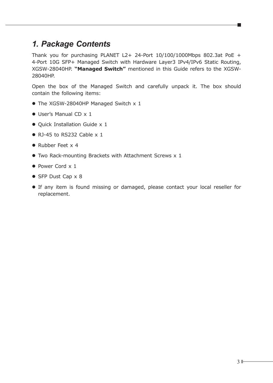 Package contents | PLANET XGSW-28040HP User Manual | Page 3 / 16