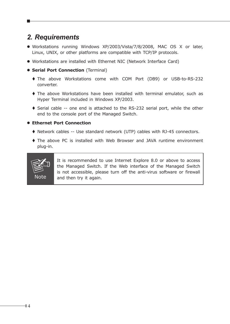 Requirements | PLANET XGSW-28040HP User Manual | Page 4 / 16