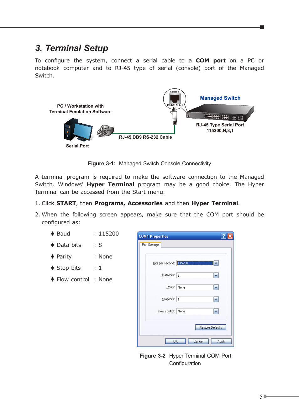 Terminal setup | PLANET XGSW-28040HP User Manual | Page 5 / 16