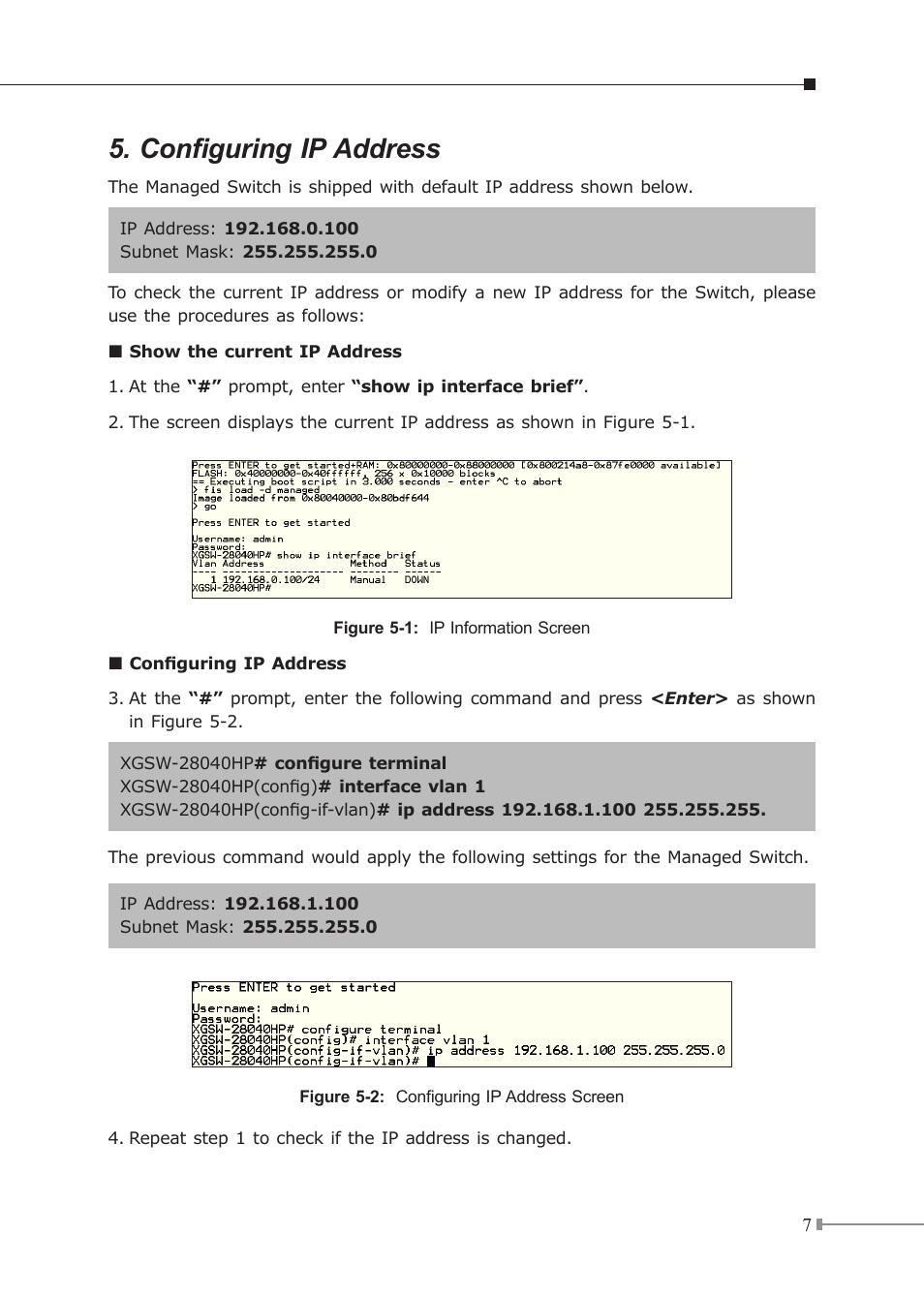 Configuring ip address | PLANET XGSW-28040HP User Manual | Page 7 / 16