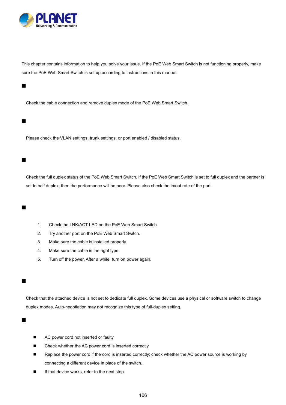 Troubleshooting | PLANET FGSD-1008HPS User Manual | Page 106 / 110