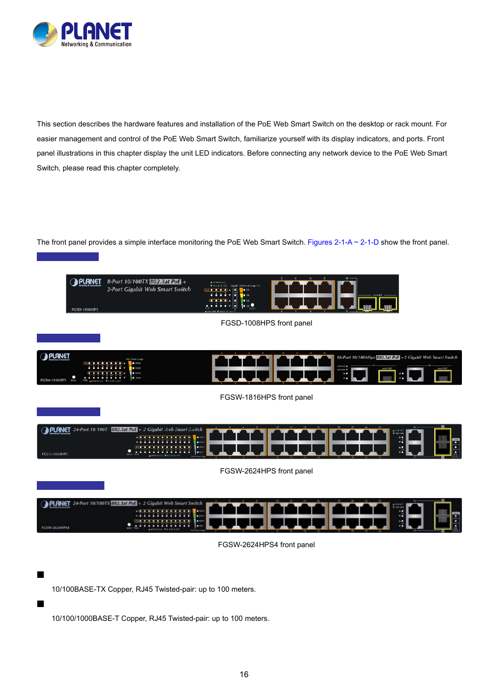 Installation, 1 hardware description, 1 switch front panel | PLANET FGSD-1008HPS User Manual | Page 16 / 110