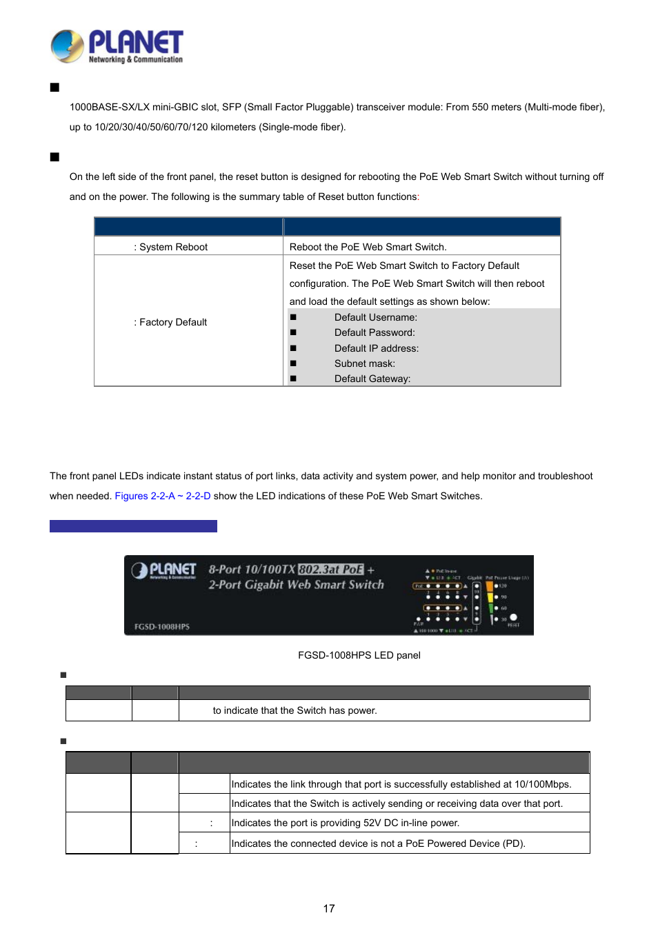 2 led indications | PLANET FGSD-1008HPS User Manual | Page 17 / 110