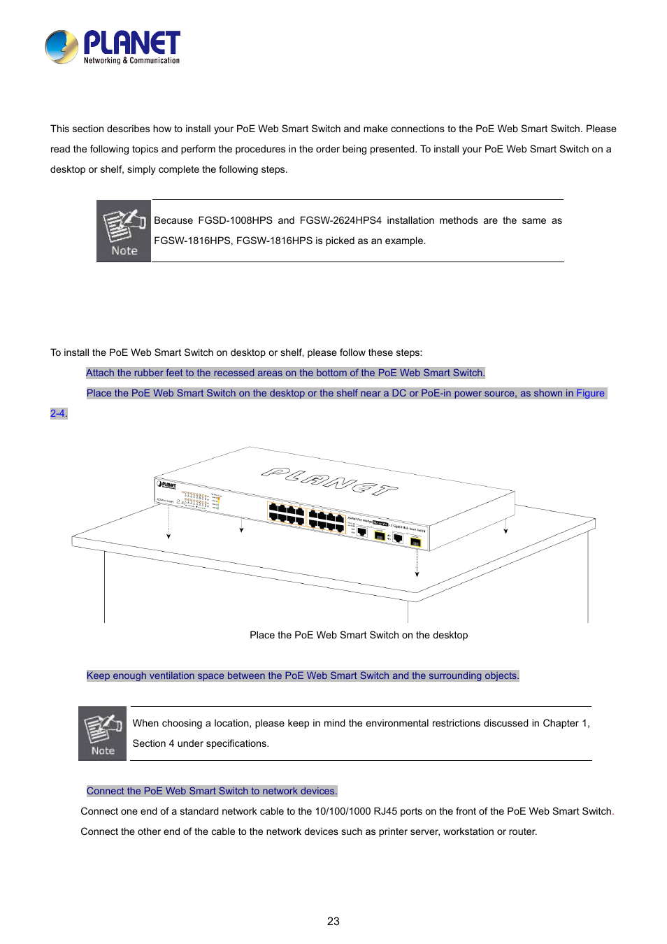 2 installing the switch, 1 desktop installation | PLANET FGSD-1008HPS User Manual | Page 23 / 110