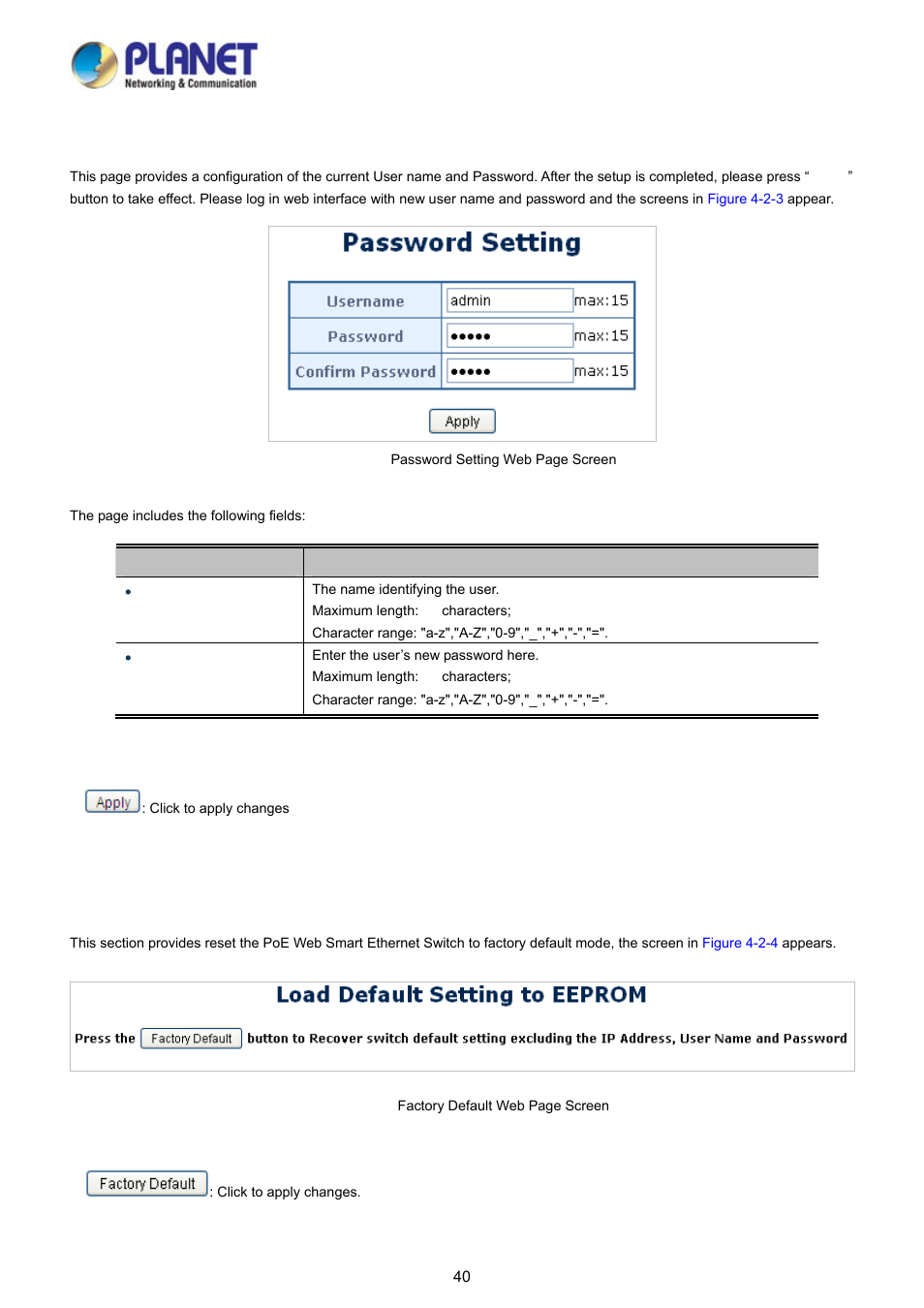 3 password setting, 4 factory default | PLANET FGSD-1008HPS User Manual | Page 40 / 110