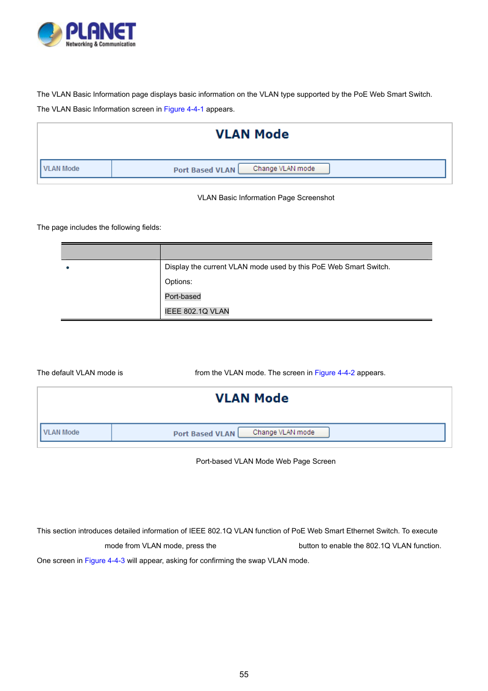 2 vlan basic information, 1 port-based vlan mode, 2 tag-based vlan mode | PLANET FGSD-1008HPS User Manual | Page 55 / 110