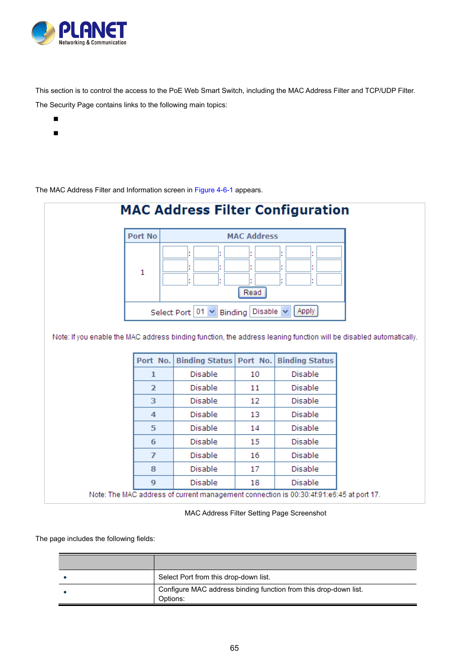 6 security, 1 mac address filter | PLANET FGSD-1008HPS User Manual | Page 65 / 110